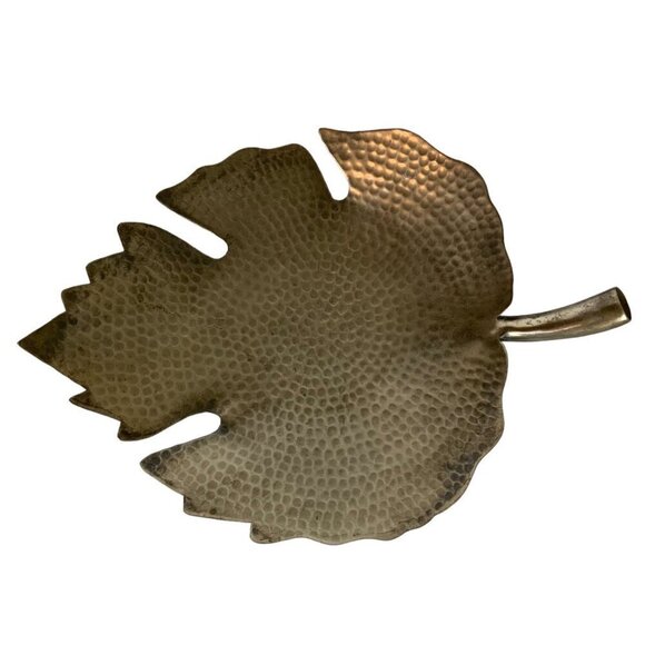 Hallmark Leaf Shaped Decorative Footed Platter Hammered Metal Candleholder - Picture 5 of 9